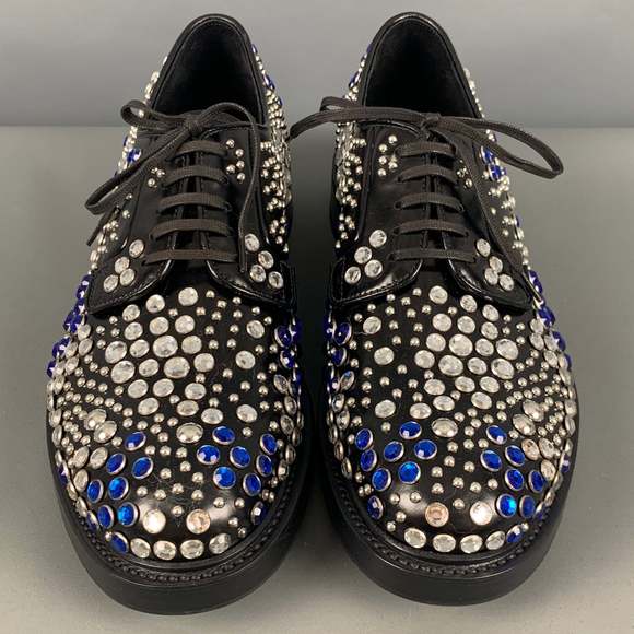 PRADA Black Silver & Blue Studded Leather Lace-Up Shoes - Picture 4 of 9